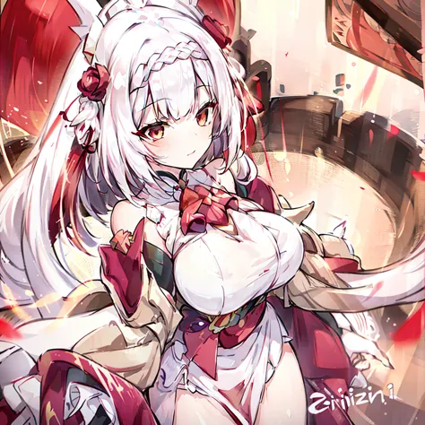  Women(alone), very long white hair,Red eyes,red and red kimono that reveals her shoulders, big breasts, tight
