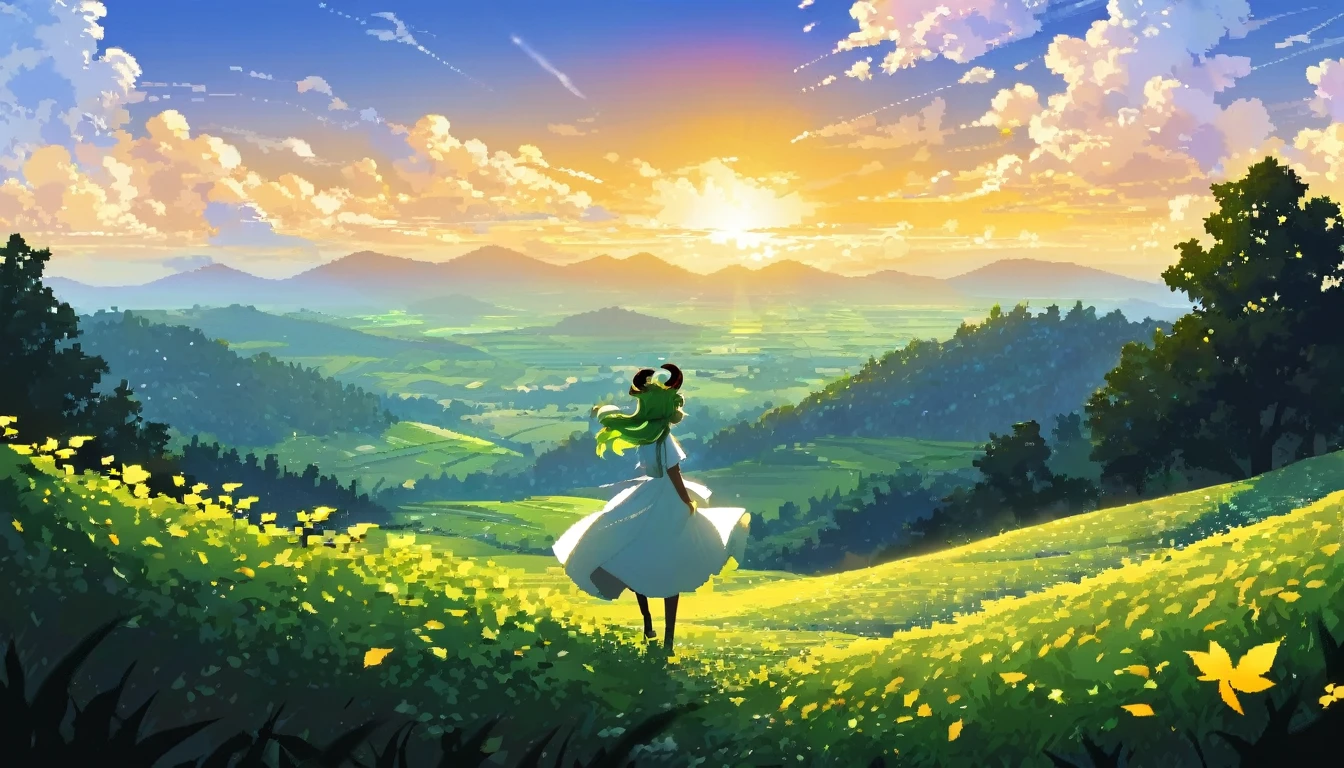 ピクセルアート, 美しい風景, 美しい夏の雲, 1人の女の子, 遠くのシルエット, 白いドレス, 長くて明るい緑色のウェーブのかかったグラディエントヘア, 金属製の羊の角, アホゲの葉,