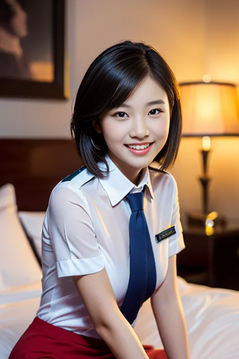 (a gorgeous lady, age 21, flight attendant uniform, shenzhen airlines stewardess, wet white shirt and wet red mini-skirt, kneeli...