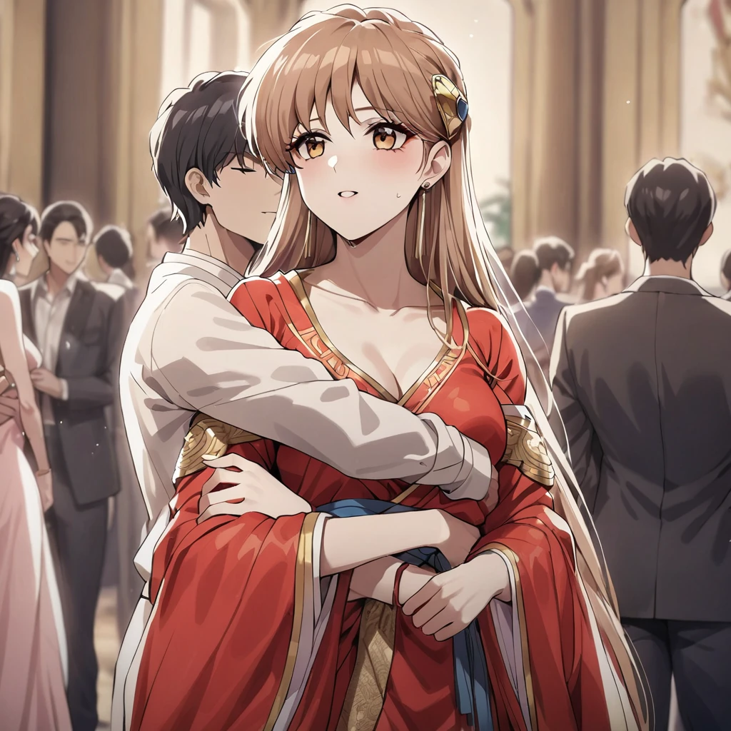 ((Highest quality)), ((masterpiece)), (detailed), （Perfect Face）、The woman is Princess Leona, wearing a gorgeous red Chinese dress with gold embroidery and long light brown hair.、At a ballroom party with many guests in a luxurious palace, a woman clings to the arm of a man dressed in Hanfu.