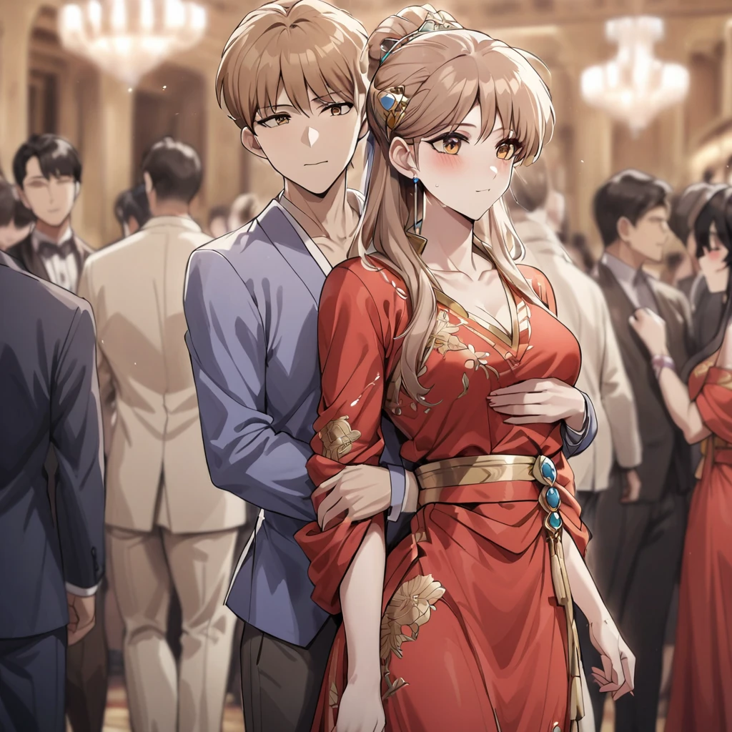 ((Highest quality)), ((masterpiece)), (detailed), （Perfect Face）、The woman is Princess Leona, wearing a gorgeous red Chinese dress with gold embroidery and long light brown hair.、At a ballroom party with many guests in a luxurious palace, a woman clings to the arm of a man dressed in Hanfu.