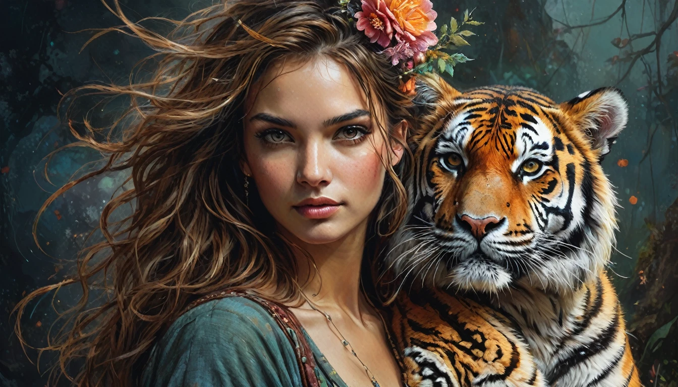 half  body,
a woman with her best friend her tiger,
dark complex background, style by Thomas Kinkade+David A. Hardy+Carne Griffiths+Mandy Disher half vivid colors fine art, best quality, high detailed, detailed faces, 2d,