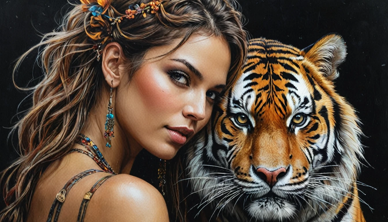 half  body,
a woman with her best friend her tiger,
dark complex background, style by Thomas Kinkade+David A. Hardy+Carne Griffiths+Mandy Disher half vivid colors fine art, best quality, high detailed, detailed faces, 2d,