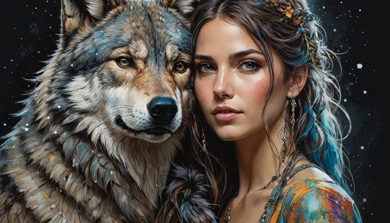 half  body,
a woman with her best friend her wolf,
dark complex background, style by Thomas Kinkade+David A. Hardy+Carne Griffiths+Mandy Disher half vivid colors fine art, best quality, high detailed, detailed faces, 2d,