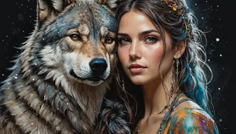 half  body,
a woman with her best friend her wolf,
dark complex background, style by thomas kinkade+david a. hardy+carne griffit...