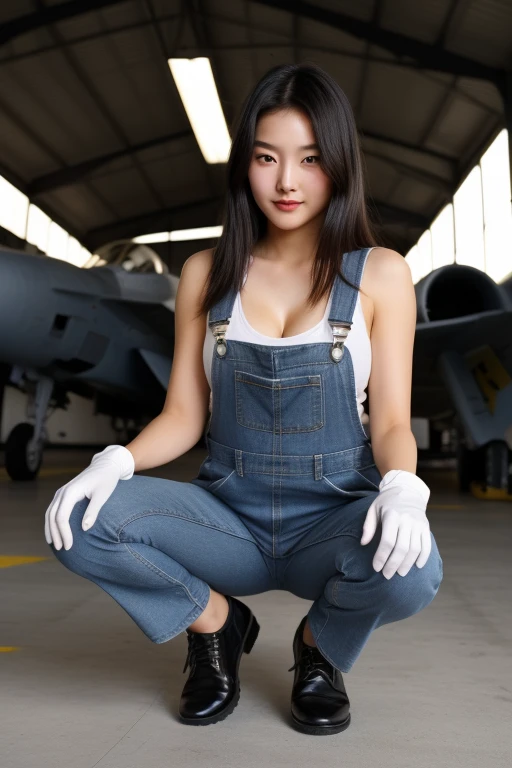 A young korean beautiful girl, 20-year-old, strikingly beautiful, black hair, (big breasts:1.2), delicate facial features, porcelain skin, expressive eyes, black hair, ((smallunderboob,Tomboyish,small heads)), (Well-defined abs: 1.1), (perfect bodies: 1.1), (short-length straighthair: 1.2), Black hair, upper body photos,（Extremely refined and beautiful），（tmasterpiece），（best qualtiy：1.0），beautiful light up，Perfect lightning，realistic shaded，[A high resolution]，Smooth and flawless fair skin，ultra - detailed ，Elongated legs，flatchest，Slim，emaciated，Female repairman，In the hangar of the fighter，Spacious hangar，during night，Dim light，Huge Su-27 fighter，Under the wing of the fighter，Next to the landing gear of the fighter，Next to the tires，Squat，Wear dirty white gloves on both hands，With a large wrench in his hand，Repair work is underway，Dark blue cloth overalls top，Dark blue trousers，Flat black cloth shoes