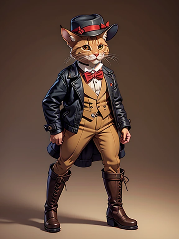 Puss in boots hat and jacket with a bow tie.