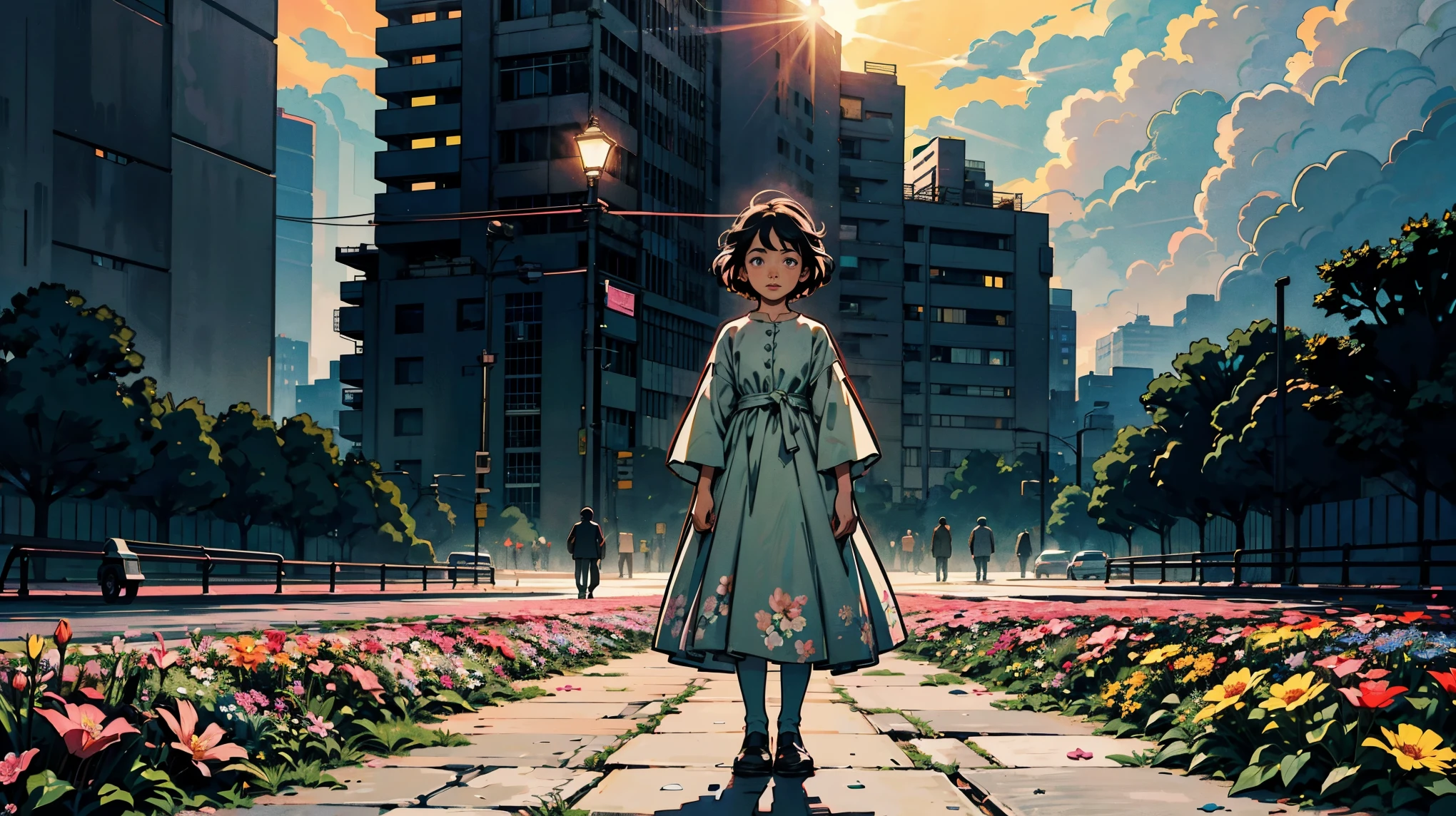 A vibrant flower blooms on the dirty ground of a large gray avenue. A crowd of gray, soulless people crosses the streets. A colorful , shining with bright tones, stands protectively over the flower, protecting her with his little hands and determined eyes. Sunlight breaks through the dark clouds. ghibli studio style