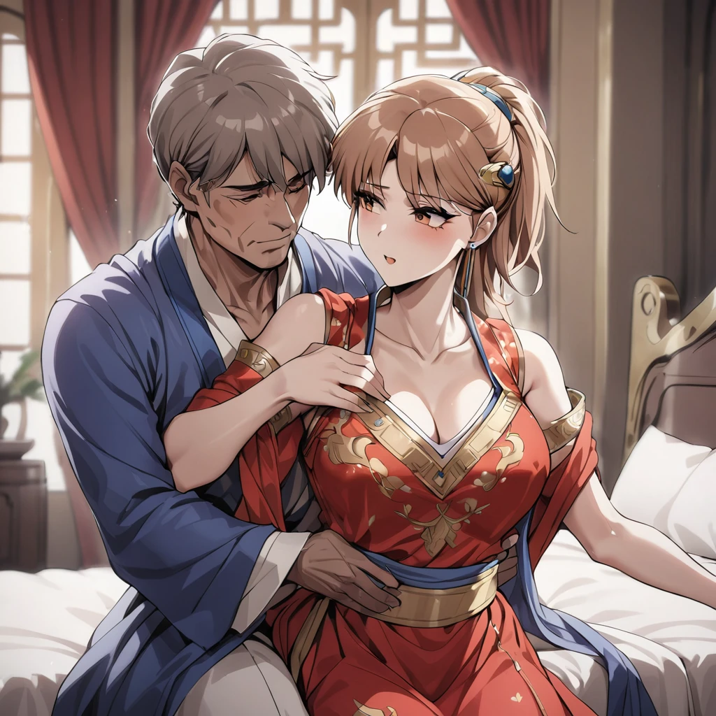 ((Highest quality)), ((masterpiece)), (detailed), （Perfect Face）、The woman is Princess Leona, wearing a gorgeous red Chinese dress with gold embroidery and long light brown hair.、On a bed in a luxurious palace, a woman is embracing a middle-aged man dressed in Hanfu.