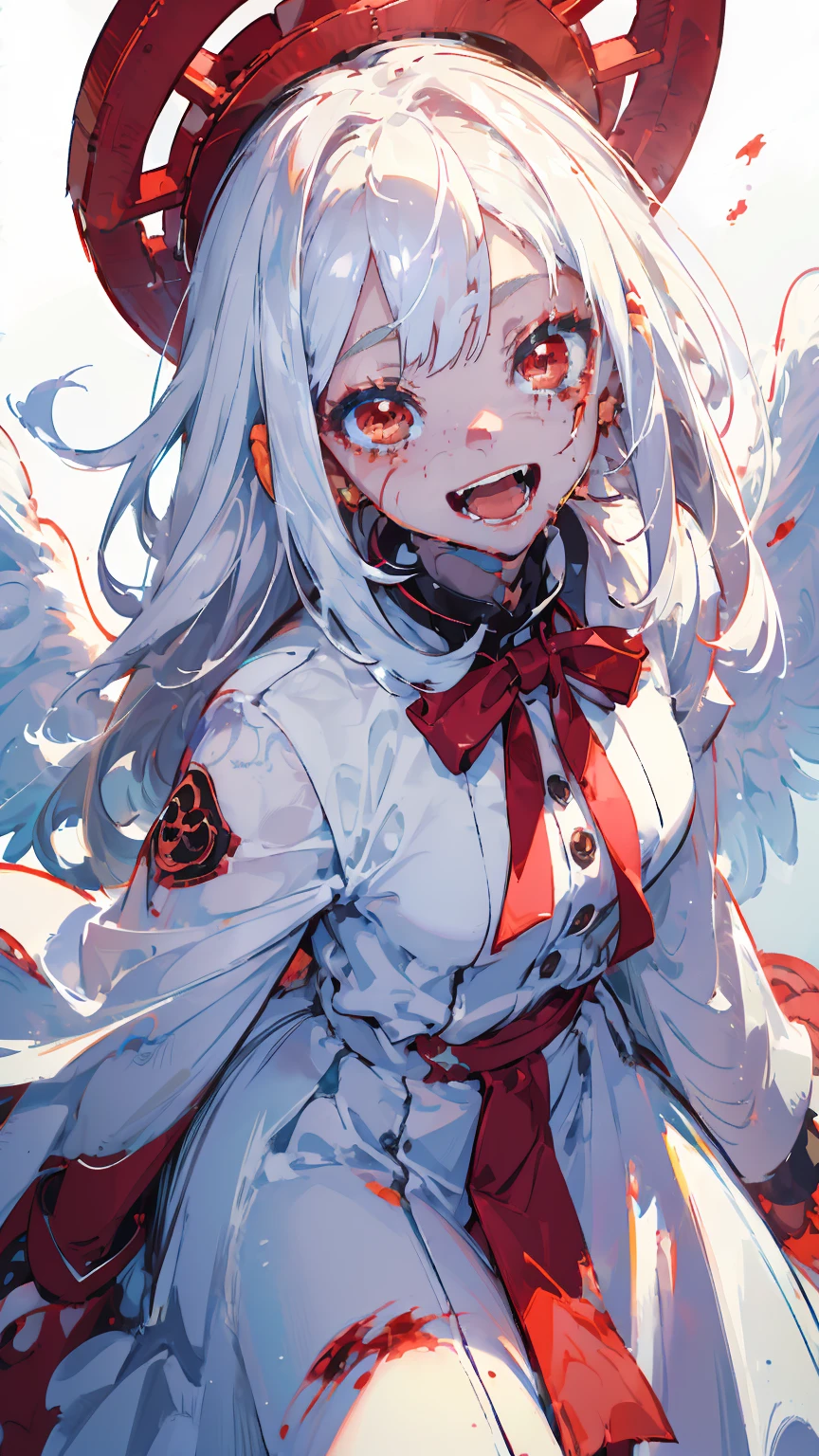 (woman\(A blood-red, dark angel halo is on his head., Angel Girl,My mouth is split,Pure white hair,Red eyes, Pure white skin, White costume,The girl is laughing wildly with her mouth wide open,Eyes with dilated pupils,Scary,A large amount of dark red liquid drips from the mouth and eyes.,Crazy smile,monster,monster mouth,\) pure white world、Looking up at me,Attacking pose,Dark red wings made of blood (I&#39;m in the beautiful outdoors, monster tentacles,horor, mysterious,Blood monster (Dark red liquid floating in the air,Spooky background),quality\(8k,Highly detailed CG unit wallpaper, masterpiece,High resolution,top-quality,top-quality real texture skin,surreal,Increase the resolution,RAW Photos,highest quality,Very detailed,wallpaper,Cinema Lighting,Ray-tracing,Golden Ratio\),Long Shot,Overall, it looks ephemeral.,The depiction range is from the waist up,High quality facial depiction,High-resolution facial depiction,ephemeral,Low saturation,Little Girl,1 person, evil spirit