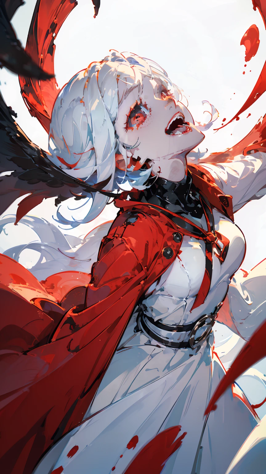 (woman\(A blood-red, dark angel halo is on his head., Angel Girl,My mouth is split,Pure white hair,Red eyes, Pure white skin, White costume,The girl is laughing wildly with her mouth wide open,Eyes with dilated pupils,Scary,A large amount of dark red liquid drips from the mouth and eyes.,Crazy smile,monster,monster mouth,\) pure white world、Looking up at me,Attacking pose,Dark red wings made of blood (I&#39;m in the beautiful outdoors, monster tentacles,horor, mysterious,Blood monster (Dark red liquid floating in the air,Spooky background),quality\(8k,Highly detailed CG unit wallpaper, masterpiece,High resolution,top-quality,top-quality real texture skin,surreal,Increase the resolution,RAW Photos,highest quality,Very detailed,wallpaper,Cinema Lighting,Ray-tracing,Golden Ratio\),Long Shot,Overall, it looks ephemeral.,The depiction range is from the waist up,High quality facial depiction,High-resolution facial depiction,ephemeral,Low saturation,Little Girl,1 person, evil spirit