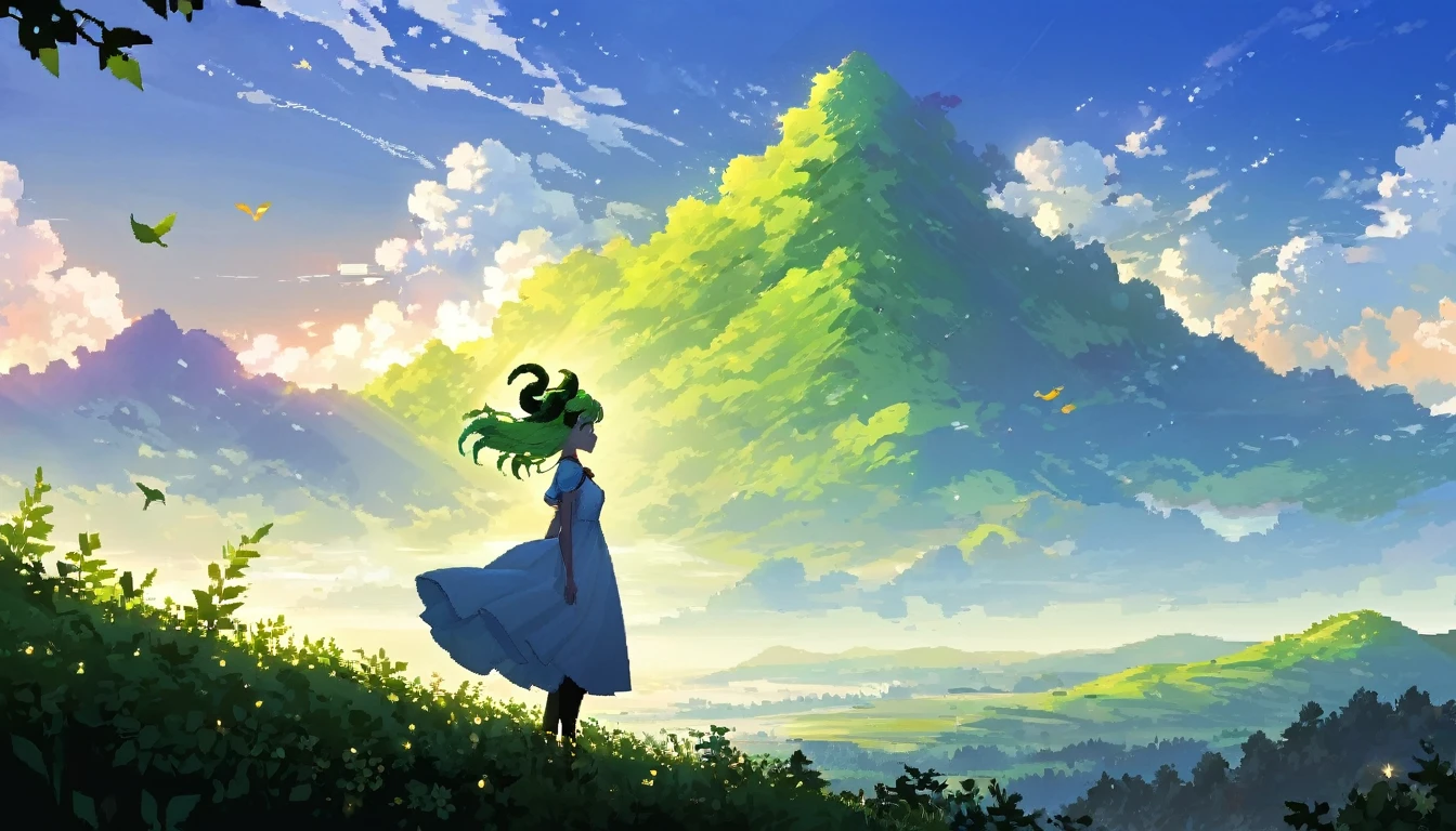 pixel art, Beau paysage, beaux nuages, 1fille, silhouette au loin, Robe blanche, longs cheveux de gladient ondulés vert clair, cornes de mouton en métal, Feuille d&#39;Ahoge,