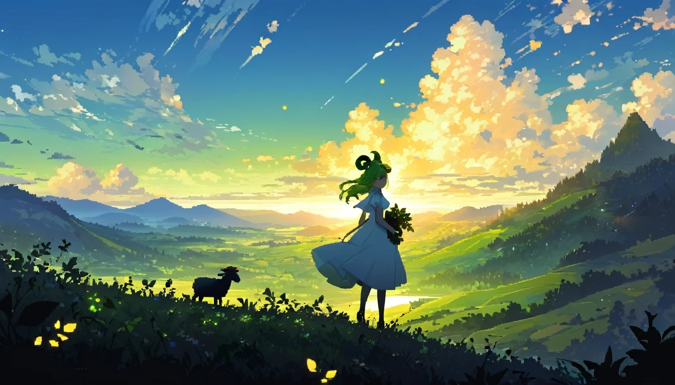 pixcel art, Precioso paisaje, hermosas nubes, 1 chica, silueta en la distancia, vestido blanco, pelo largo y ondulado de color verde claro, cuernos de oveja de metal, Hoja de ahoge,