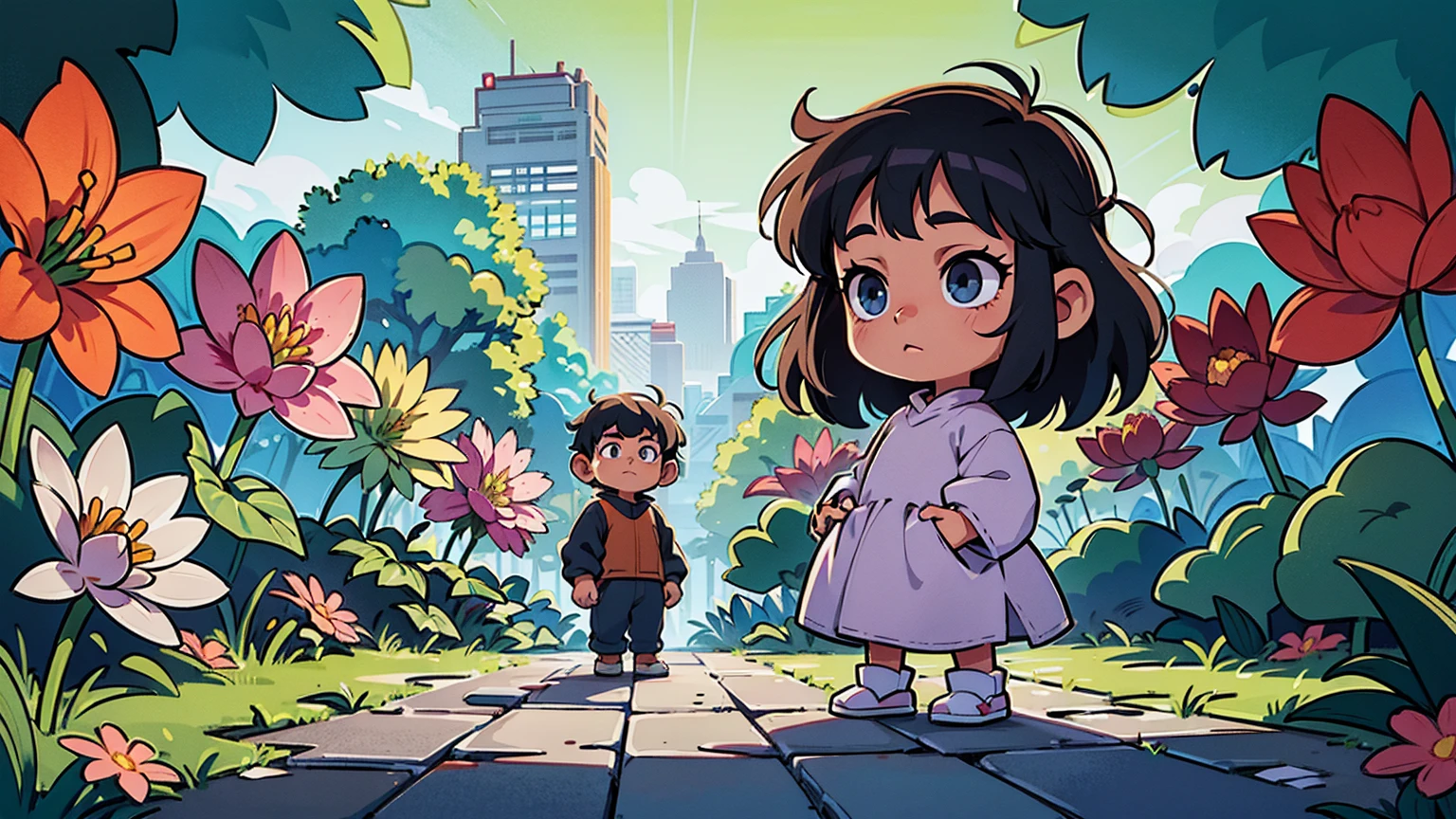 A vibrant flower blooms on the dirty ground of a large gray avenue. A crowd of gray, soulless people crosses the streets. A colorful , shining with bright tones, stands protectively over the flower, protecting her with his little hands and determined eyes. Sunlight breaks through the dark clouds. ghibli studio style