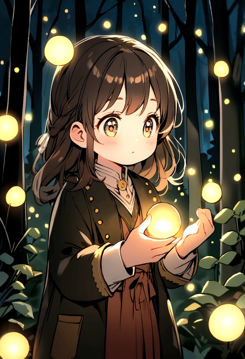 A 3-year-old brunette girl in a forest among several animals, including fireflies