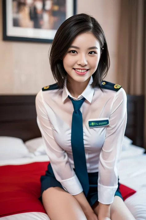 (a gorgeous lady, age 21, flight attendant uniform, shenzhen airlines stewardess, wet white shirt and wet red mini-skirt, kneeli...