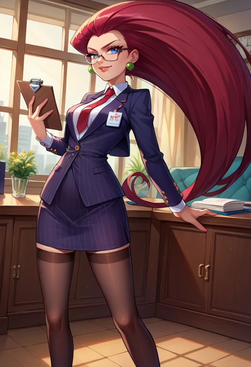 score_9,score_8_up,score_7_up,score_6_up, source_anime, 1girl, solo, (((EPpkJessie))), long hair, blue eyes, glasses, red hair, hair slicked back, pinstripe skirt suit, suit and tie, (((three-piece suit))), silk dress shirt, shirt and tie, necktie, ((blazer)), ((suit jacket)) ((waistcoat)), ((bodycon miniskirt)), stockings, high heels, tie clip, pocket square, tailored suit, (((cufflinks))),
office, holding clipboard, smug, confident, arrogant