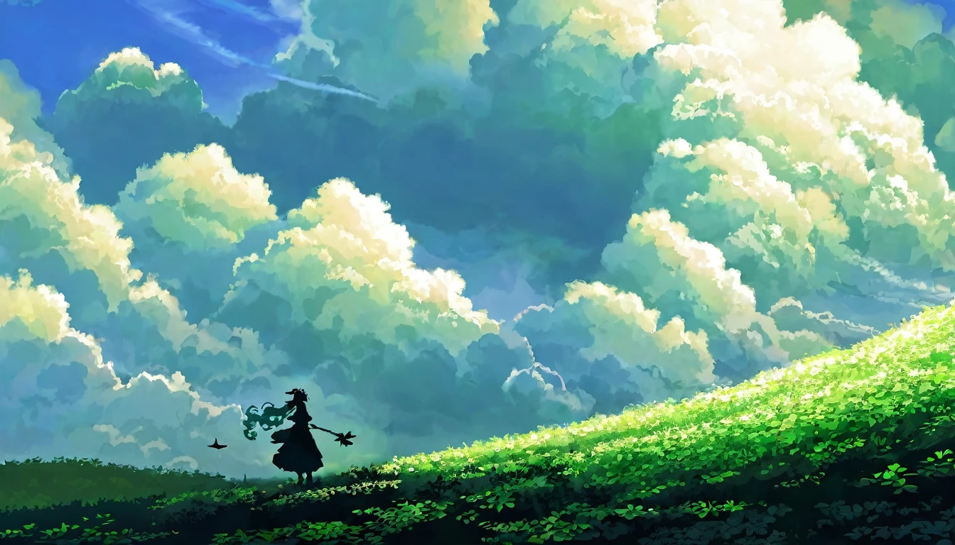 pixcel art, Precioso paisaje, hermosas nubes, 1 chica, silueta en la distancia, vestido blanco, pelo largo y ondulado de color verde claro, cuernos de oveja de metal, Hoja de ahoge,