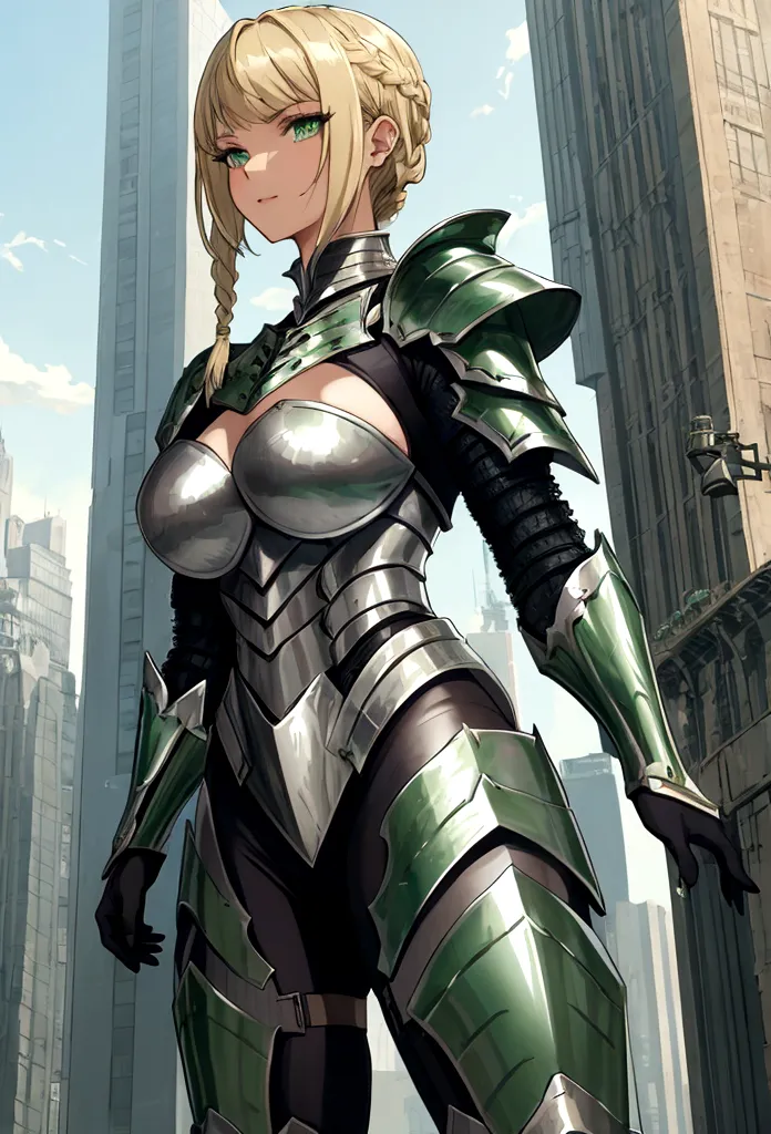 GtsGiga,knight,steel plated armor,green accents,muscalr,fair skin ton,giantess art,cityscape,Rampage, short hair,blonde,french b...