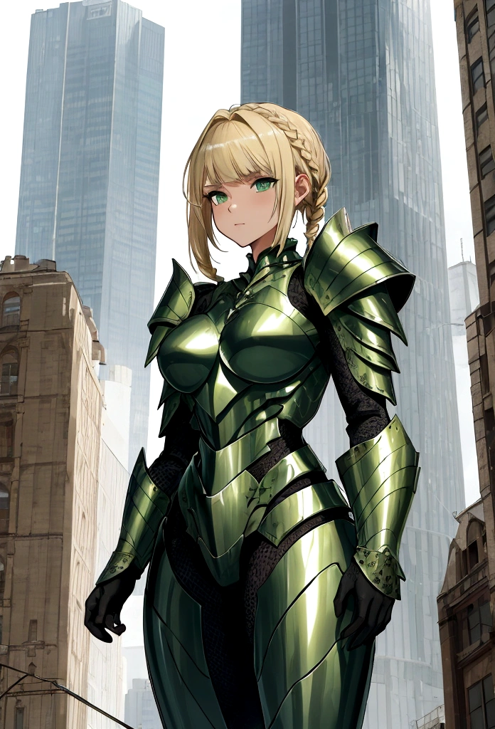 GtsGiga,knight,steel plated armor,green accents,muscalr,fair skin ton,giantess art,cityscape,Rampage, short hair,blonde,french braids,best quailty,masterpiece 