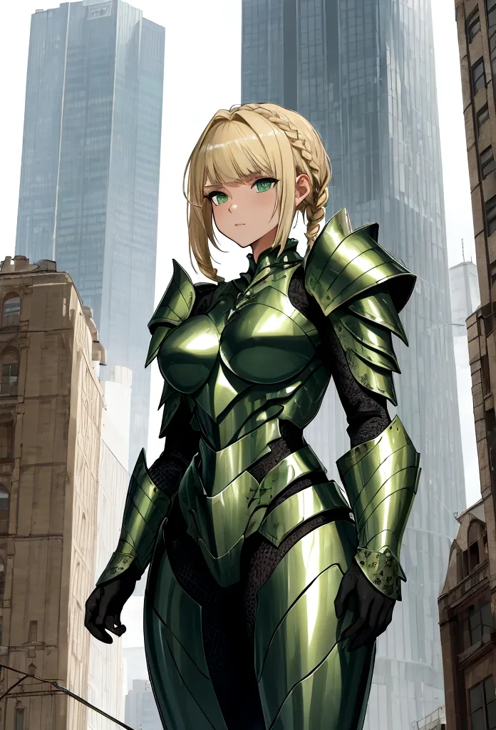 GtsGiga,knight,steel plated armor,green accents,muscalr,fair skin ton,giantess art,cityscape,Rampage, short hair,blonde,french b...