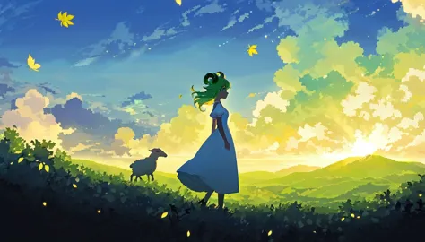 pixcel art,beautiful clouds, 1girl, silhouette in the distance, white dress, long light green wavy gladient hair, metal sheep ho...