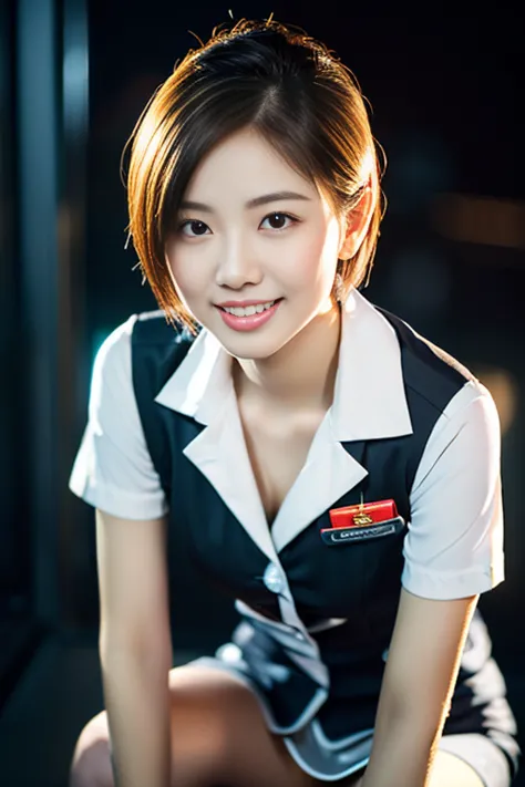 (a gorgeous lady, age 21, flight attendant uniform, shenzhen airlines stewardess, wet white shirt, wet red mini-skirt, kneeling ...