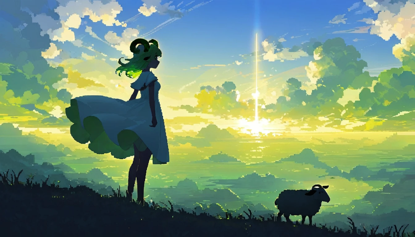 pixel art, beaux nuages, 1fille, silhouette au loin, Robe blanche, cheveux longs ondulés vert clair, cornes de mouton en métal, 