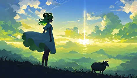 pixcel art, beautiful clouds, 1girl, silhouette in the distance, white dress, long light green wavy hair, metal sheep horns, 