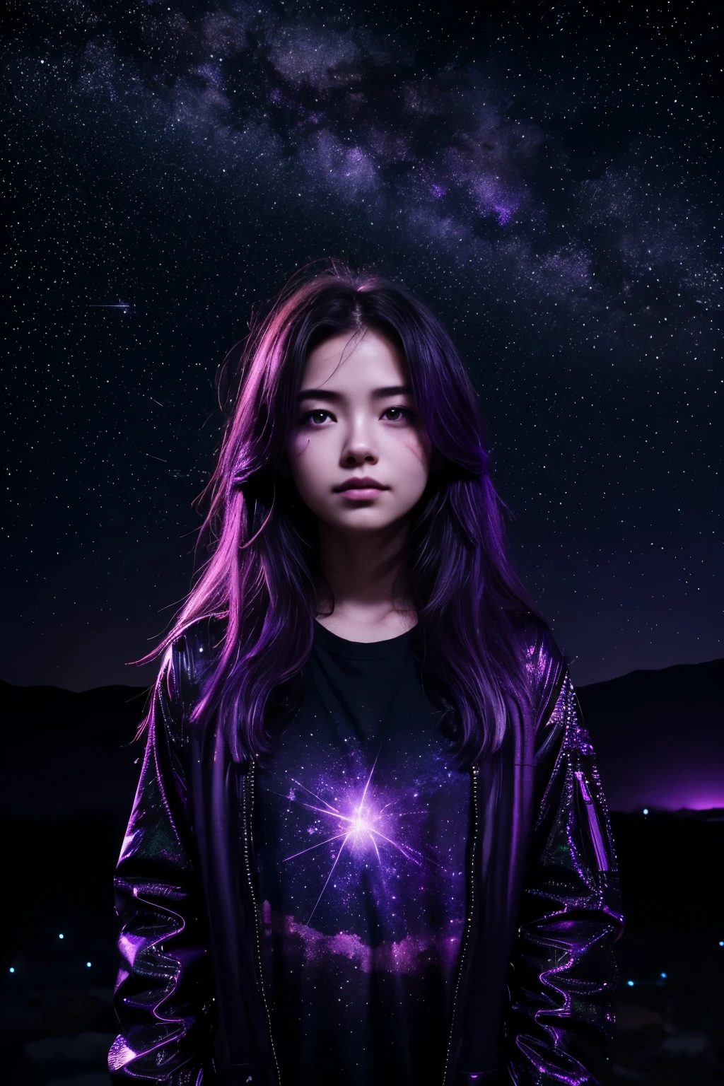 girl under starry sky with the constellations of the zodiac, shades of purple as if they were nebulae, vast space, cyberpunk city at the bottom,  