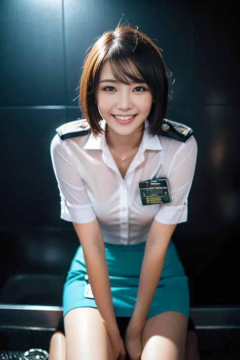 (a gorgeous lady, age 21, flight attendant uniform, shenzhen airlines stewardess, wet white shirt, wet red mini-skirt, kneeling ...