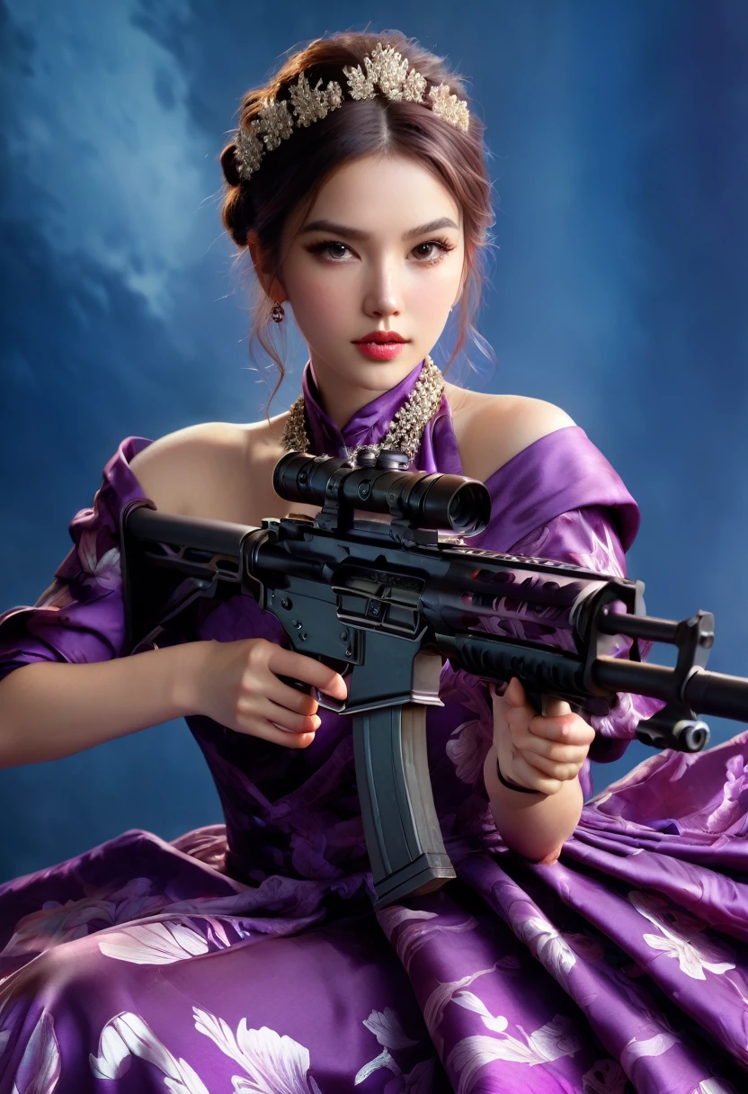 Young and stunningly beautiful female warrior in deep purple camouflage satin floor-length evening dress, ideal proportions, wearing a large pearl necklace and luxurious accessories, crouching, carrying an assault rifle, tense expression,  detailed face, elegant, cinematic lighting, high fashion, intricate dress design, flowing fabric, luxury, opulent, dramatic colors, rich tones, glamorous, ethereal, exquisite, (best quality,4k,8k,highres,masterpiece:1.2),ultra-detailed,(realistic,photorealistic,photo-realistic:1.37),HDR,UHD,studio lighting,ultra-fine painting,sharp focus,physically-based rendering,extreme detail description,professional,vivid colors,bokeh,fashion photography