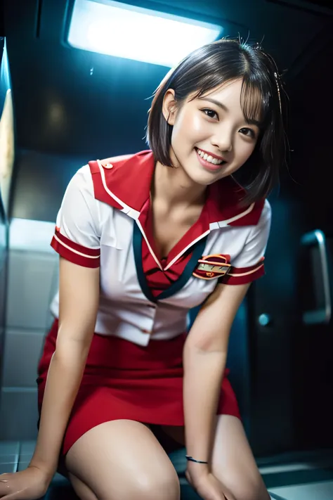 (a gorgeous lady, age 21, flight attendant uniform, shenzhen airlines stewardess, wet white shirt, wet red mini-skirt, kneeling ...