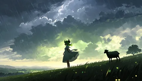 pixcel art, beautiful clouds, 1girl, silhouette in the distance, white dress, long light green wavy gladient hair, metal sheep h...