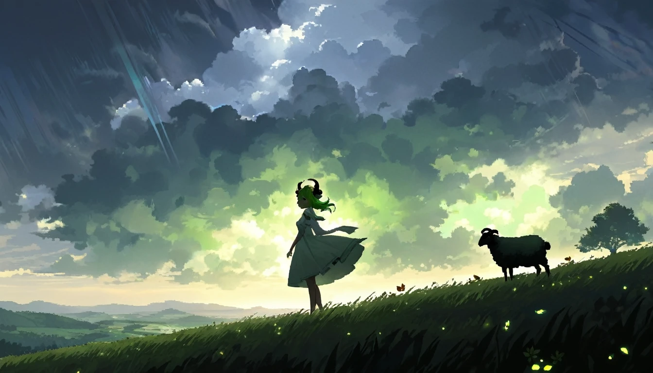 pixcel art, beautiful clouds, 1girl, silhouette in the distance, white dress, long light green wavy gladient hair, metal sheep horns, Аhoge Leaf,