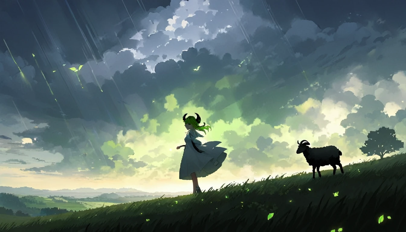 pixcel art, beautiful clouds, 1girl, silhouette in the distance, white dress, long light green wavy gladient hair, metal sheep horns, Аhoge Leaf,