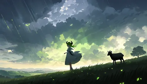 pixcel art, beautiful clouds, 1girl, silhouette in the distance, white dress, long light green wavy gladient hair, metal sheep h...