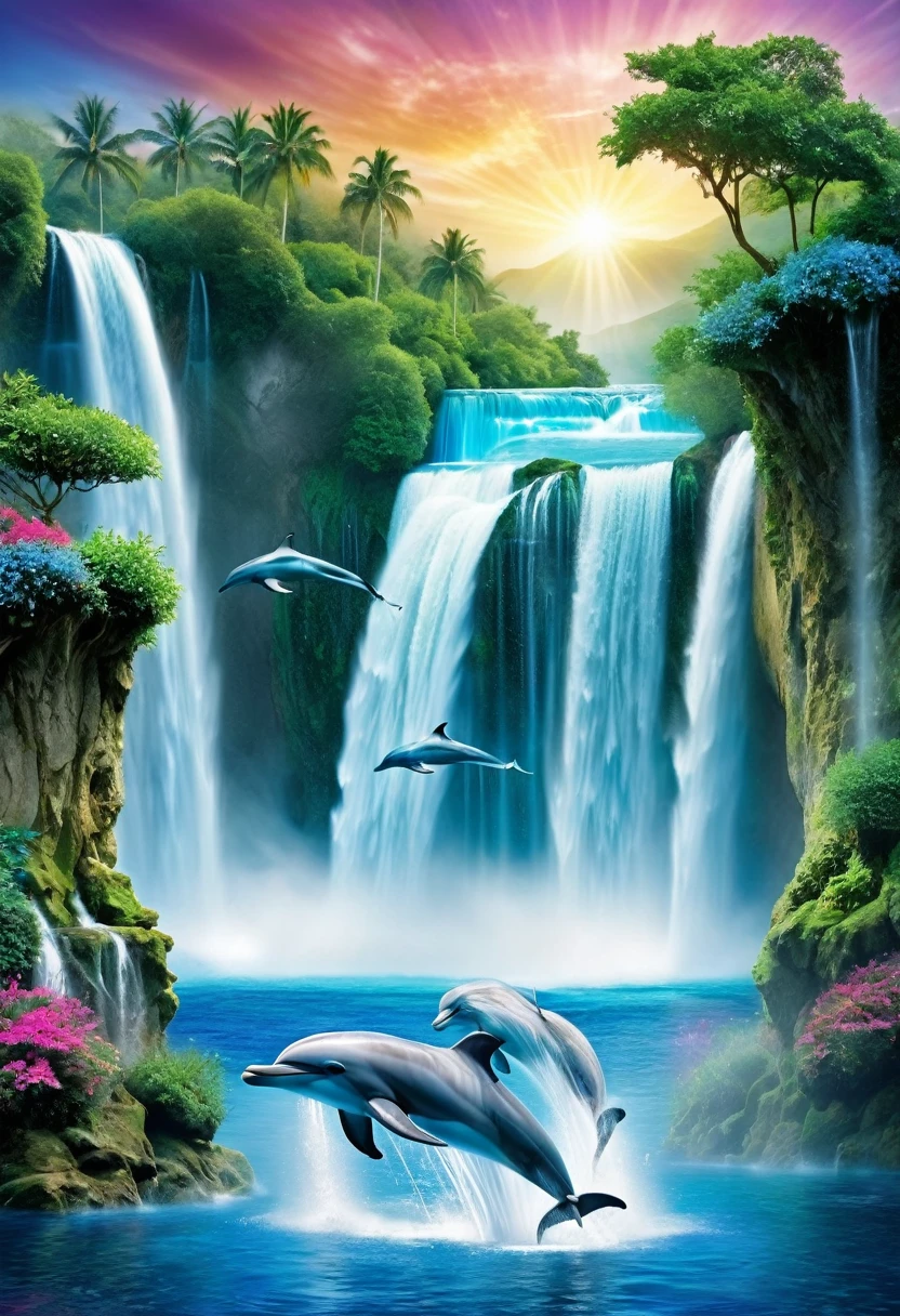 scène magique, cascade, 2 dauphins