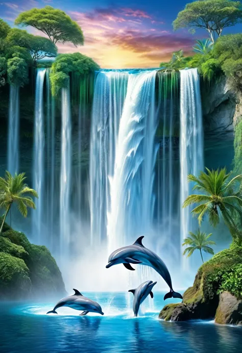 Magical scene, waterfall, 2 dolphins
