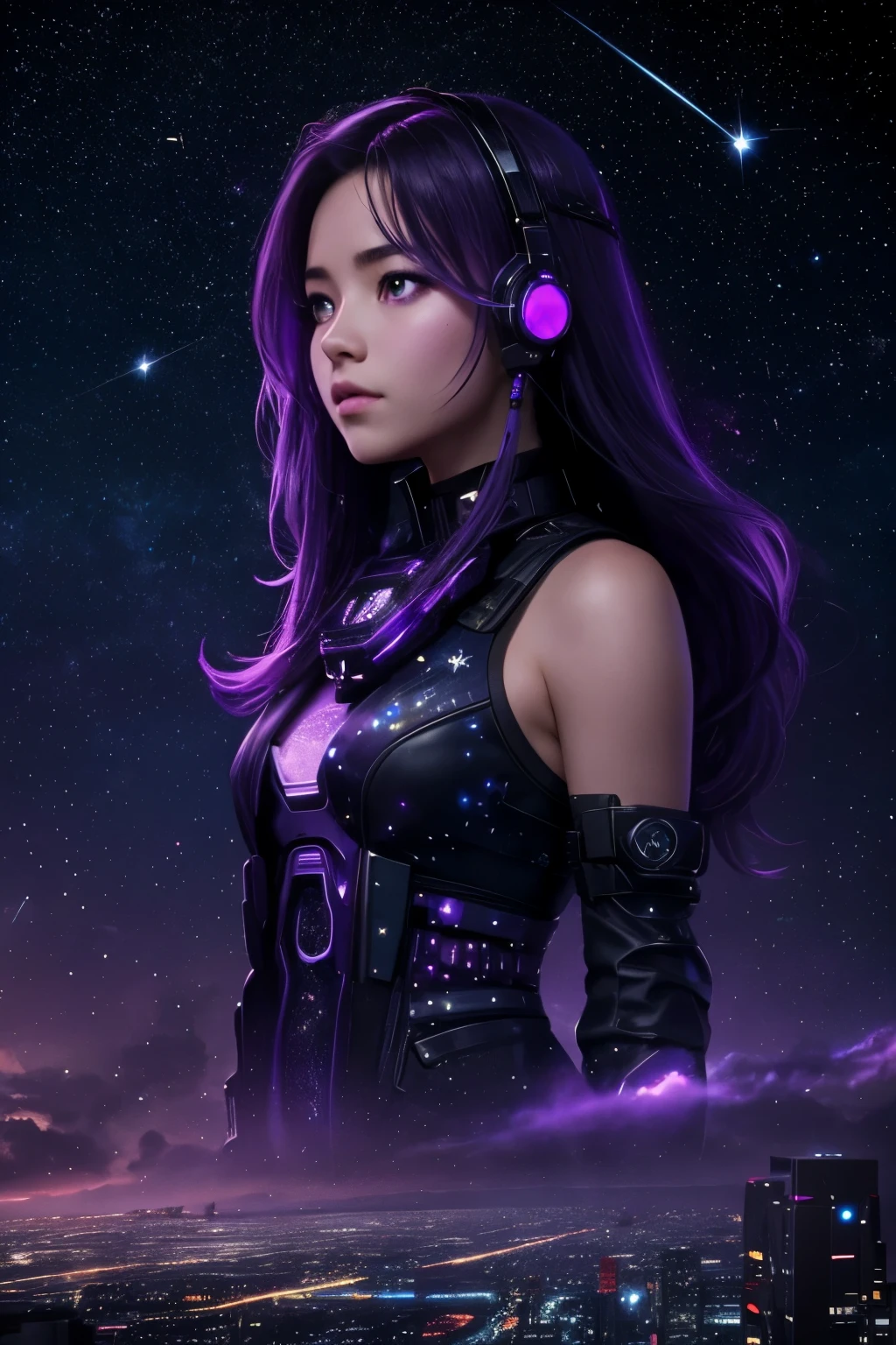girl under starry sky with the constellations of the zodiac, shades of purple as if they were nebulae, vast space, in background cyberpunk city at the bottom,