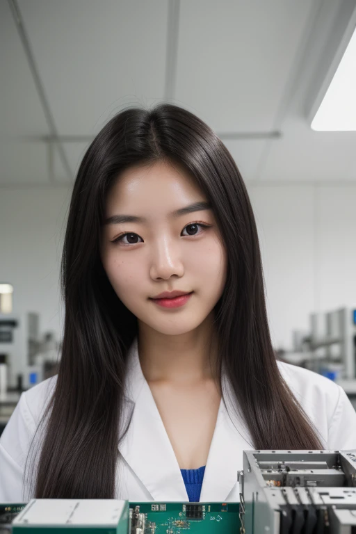 A young korean beautiful girl, 20-year-old, strikingly beautiful, black hair, big breasts, delicate facial features, porcelain skin, expressive eyes, black hair, Hyperreal Photography Photo of a female engineer, in a lab coat, inspecting circuit boards, close-up framing capturing her hands and the intricate circuits, a high-tech laboratory setting with electronic components, LED panel lighting for high detail, camera angle directly above the workbench, ISO 50, f/11, 1/15 sec, capturing the fine detail akin to Yigal Pardo. (perfect face), (amateur) (8K, 16k, uhd, dslr), (RAW photo:1.2), (best quality:1.4), (high quality:1.4), (masterpiece:1.2), (realistic:1.3), (photo-realistic:1.4), ultra-detailed, (grainy:0.4)