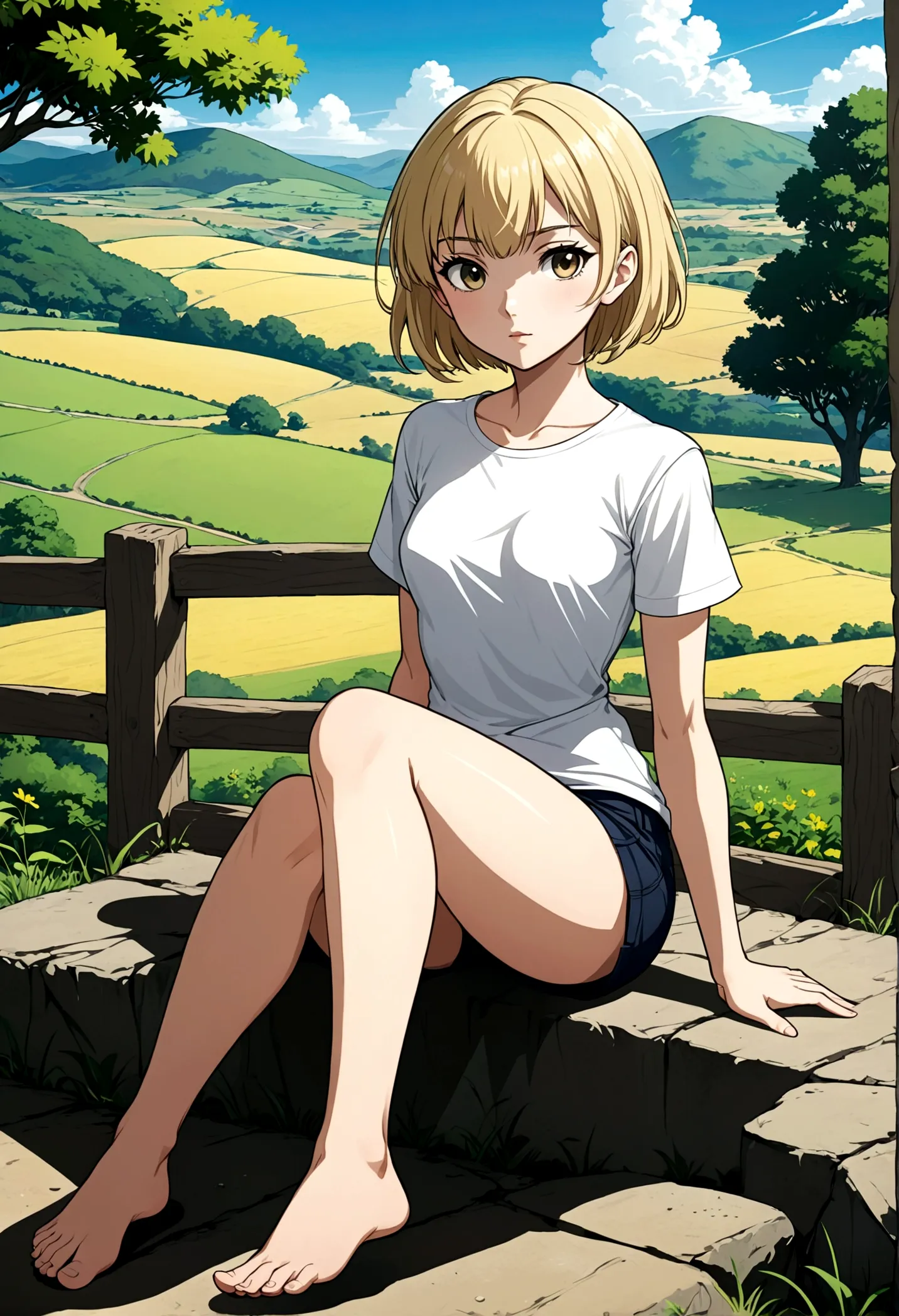 a white girl, short hair, bangs, anime style, white t-shirt, strong shadow, bold lineart, blonde hair, crossed legs, small breas...