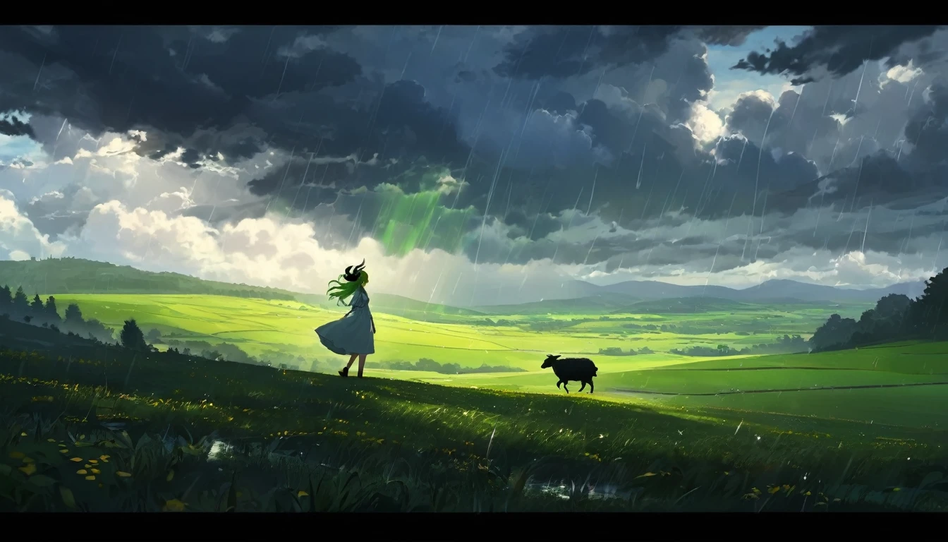 beautiful landscape, beautiful rainy summer clouds, 1girl, silhouette in the distance, white dress, light green wavy gladient hair, metal sheep horns, Аhoge Leaf,