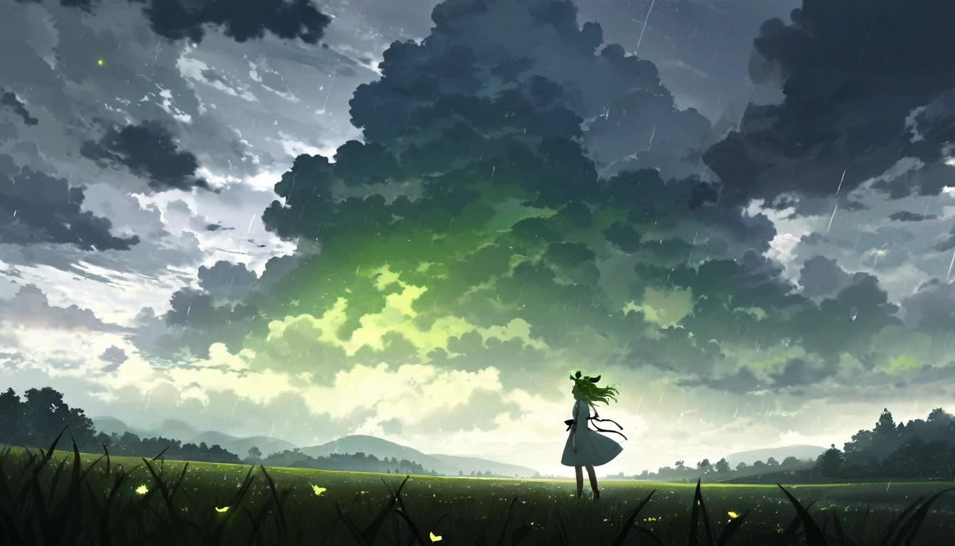 beautiful landscape, beautiful rainy summer clouds, 1girl, silhouette in the distance, white dress, light green wavy gladient hair, metal sheep horns, Аhoge Leaf,