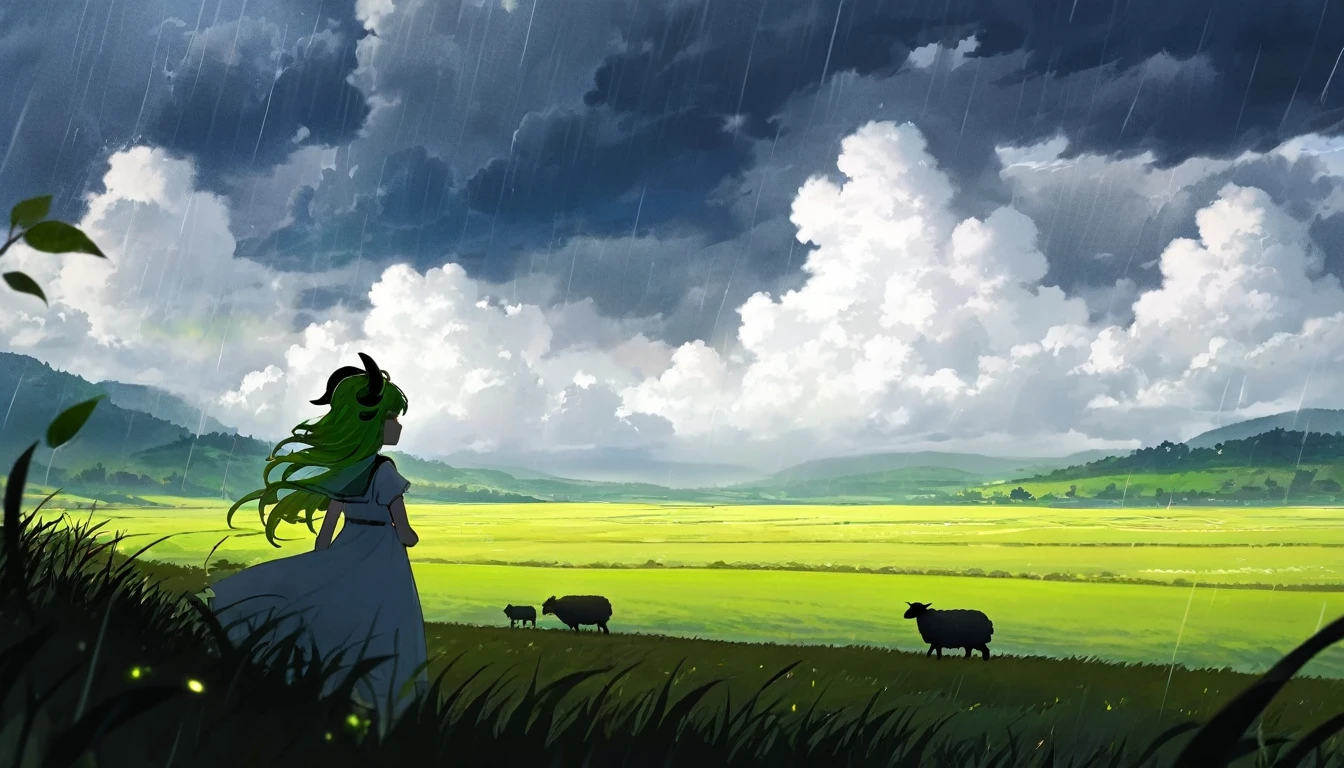 beautiful landscape, beautiful rainy summer clouds, 1girl, silhouette in the distance, white dress, light green wavy gladient hair, metal sheep horns, Аhoge Leaf,