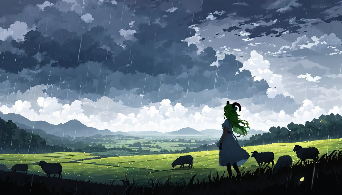 pixel art, Beau paysage, beaux nuages d&#39;été pluvieux, 1fille, silhouette au loin, Robe blanche, longs cheveux de gladient ondulés vert clair, cornes de mouton en métal, Feuille d&#39;Ahoge,