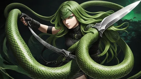 A woman with snake-like features of pale gray skin, green snake eyes carrying a black bladed sword