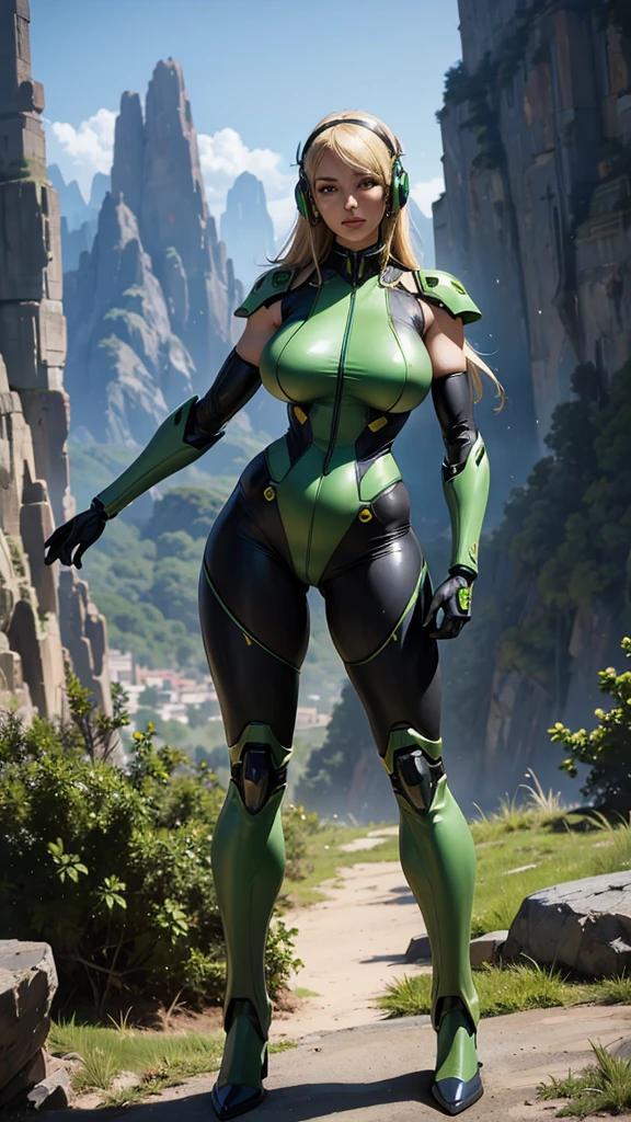 solo, blonde girl, super fine photo, portrait Unreal Engine 5 8K UHD of sexy girl, standing in rock, skin tight, mecha outfit, mecha headphone, sensual pose, green mecha suit, hot iconic character, smooth skin, full body,  futuristic suit, mecha machine in belly, mecha bra with blue LED, green mecha belt, collar, green mecha glove, high mecha boots, green mecha arm and leg, black mecha pant, best quality, masterpiece, official art, unified 8k wallpaper, super detail, sharp focus, sexy pose, body parts, no extra limbs, precious anatomy, mountain, big rock, bamboo tree, gras, beautiful sky,
