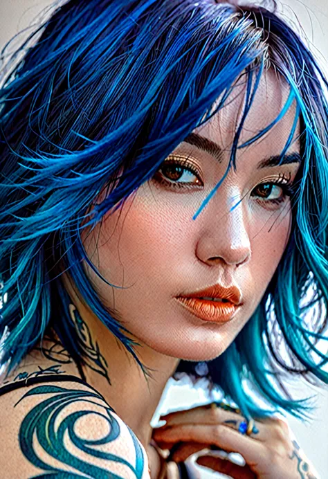 closeup of a woman with blue hair and tattoos, awesome digital illustration, beautiful digital artwork, loico and oh!, beautiful...