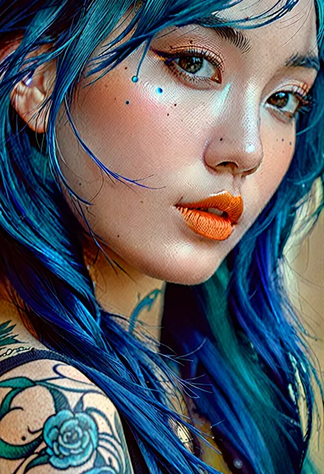 closeup of a woman with blue hair and tattoos, awesome digital illustration, beautiful digital artwork, loico and oh!, beautiful...